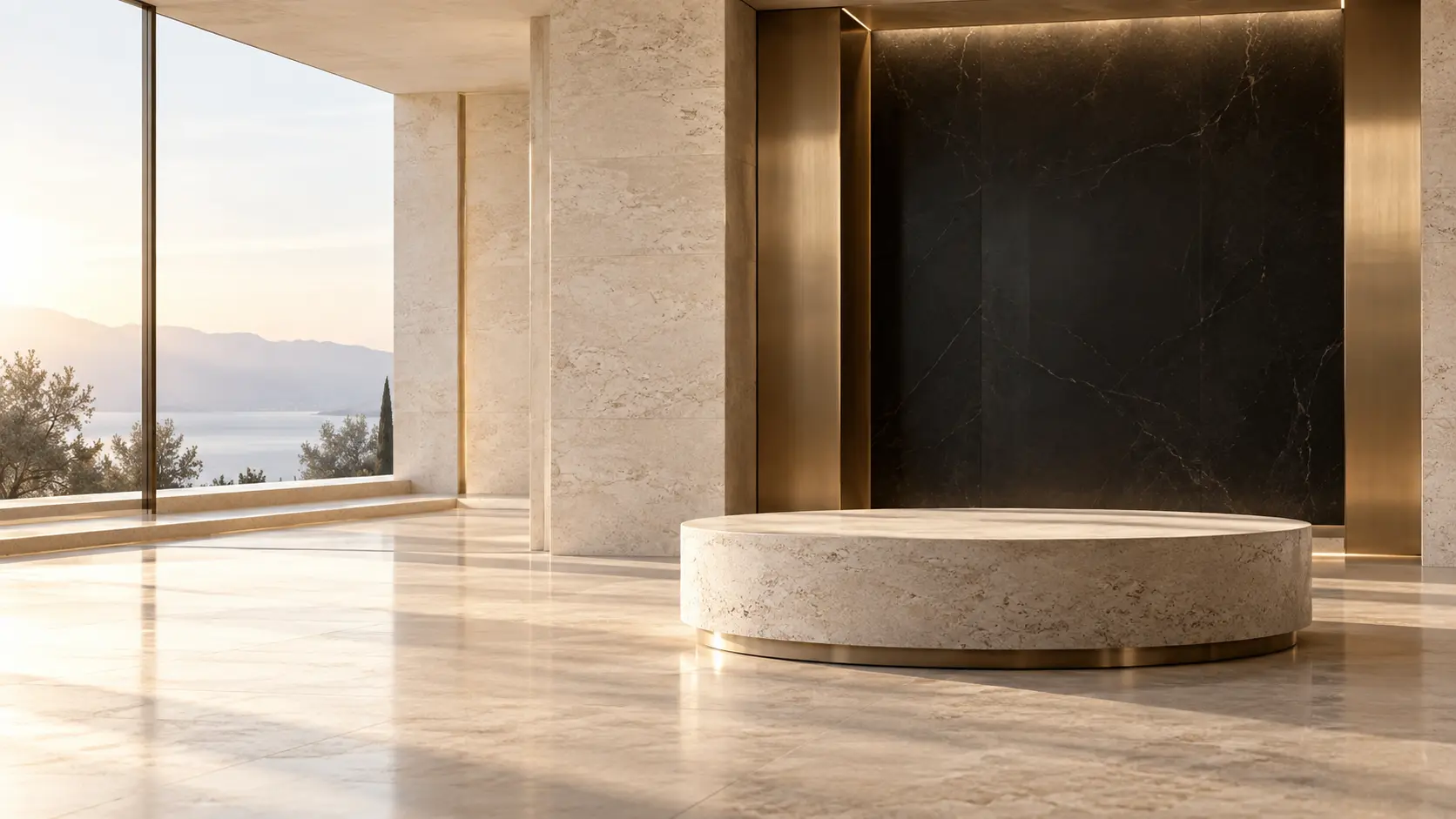 An architectural product salon with a focused display plinth