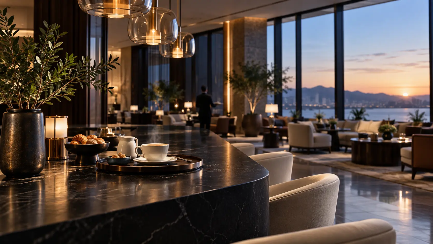A composed hotel hospitality lounge prepared for coffee service