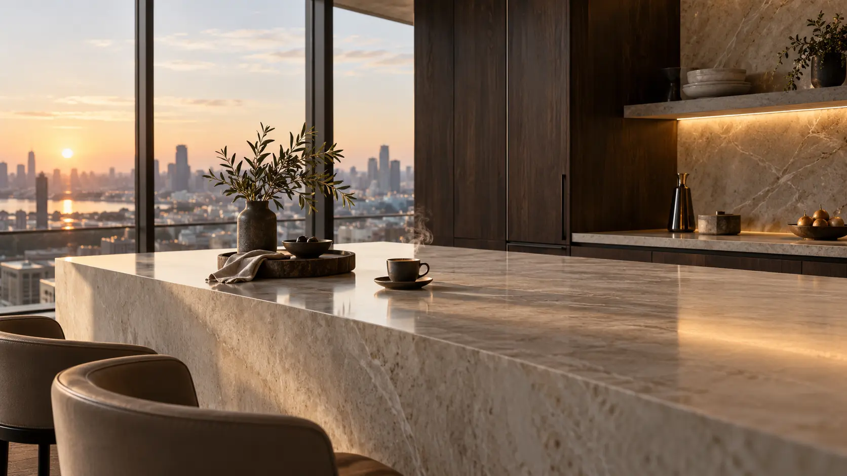 A quiet morning coffee setting in a light-filled contemporary kitchen