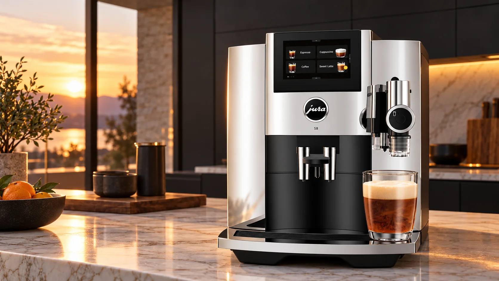 Original illustrative scene featuring Jura S8 Chrome - 27 Specialties, Touchscreen, Wifi