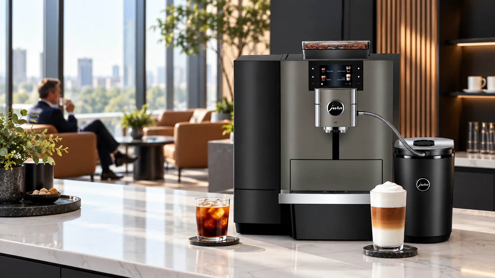 Original illustrative scene featuring Jura X10 Dark Inox · Refurbished