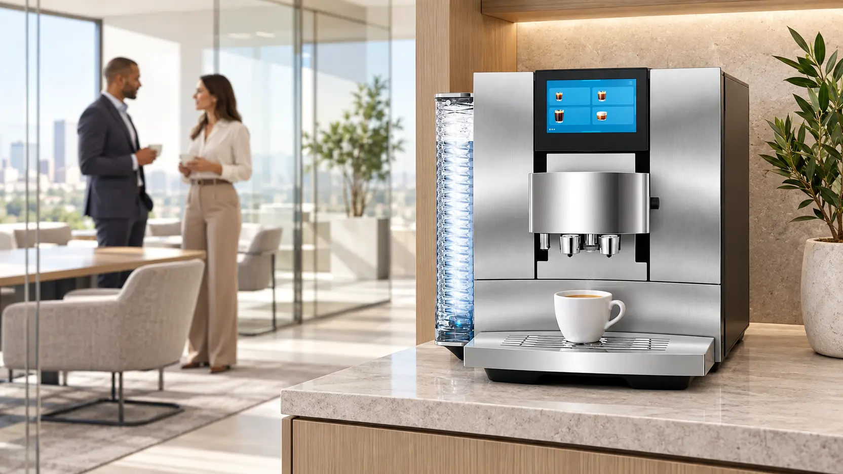 A coffee machine in a composed executive office setting