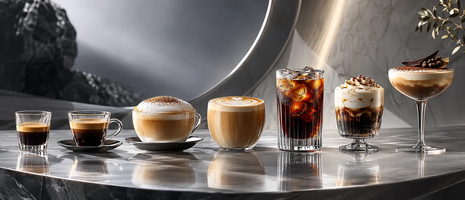A spectrum of coffee drinks arranged for comparison