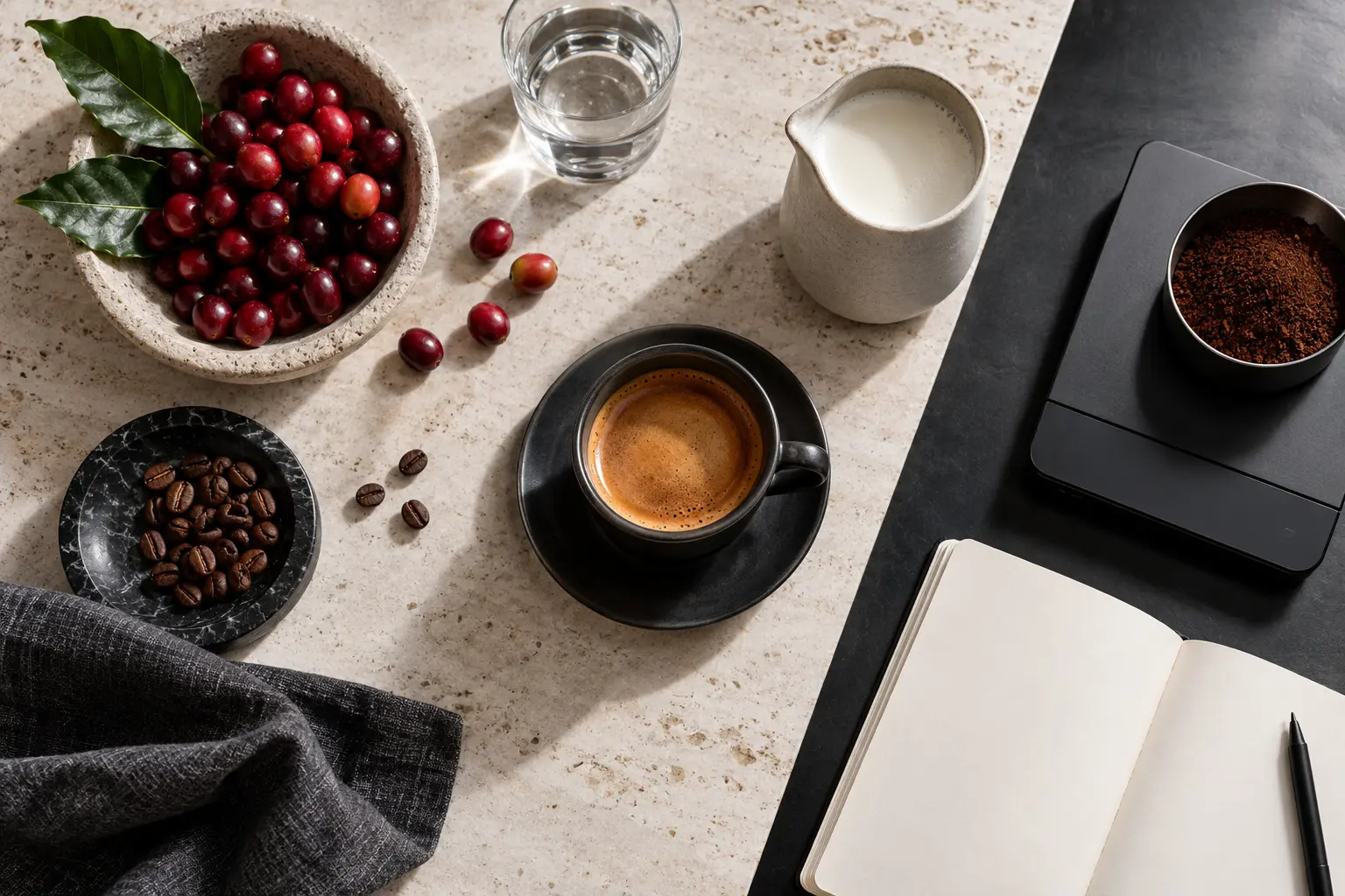 A calm editorial desk arranged for coffee research
